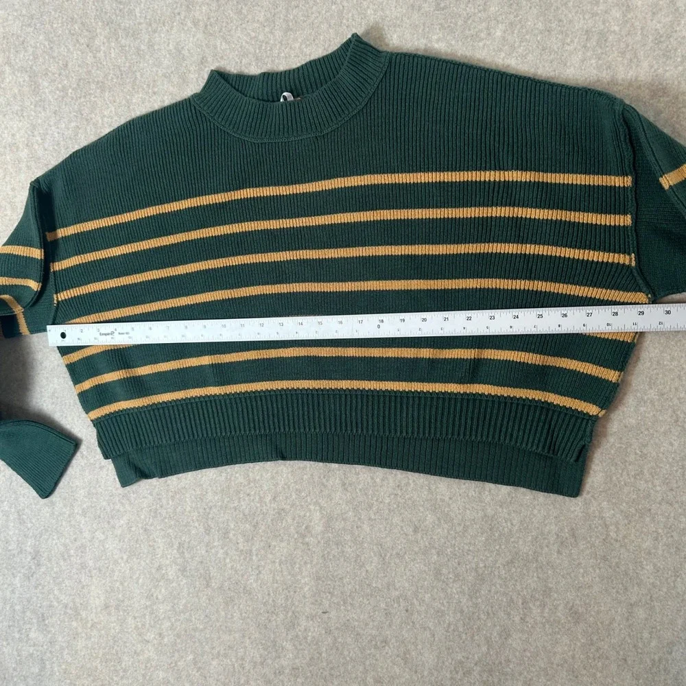 Free People Sweater Women Large Green Striped Cropped Mock Neck Balloon‎ Sleeve